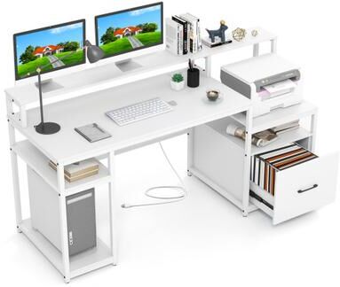 Costway 67 Inch Computer Desk with Monitor Stand & File Drawer-White