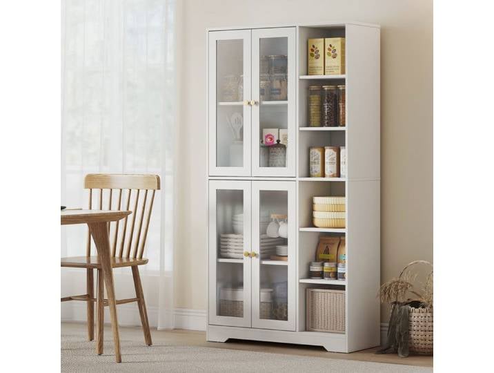 Vaisselier / Buffet haut - 90x35x172 cm - 4 portes verre trempé - Portes à fermeture douce - Aspect bois blanc