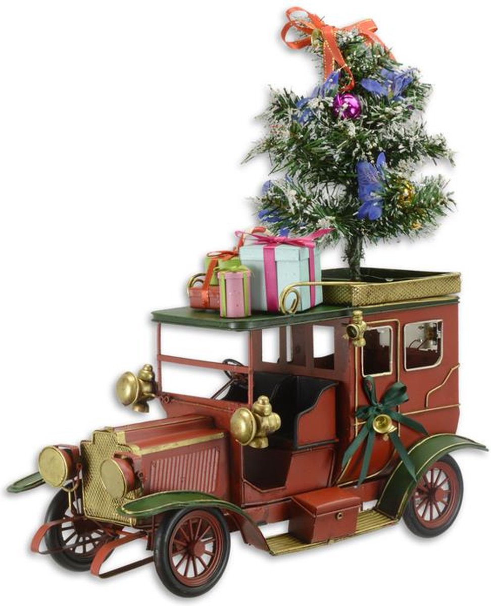 Tinnen klassieke auto kerstdecoratie voor op tafel, Hoogte: 46,6 cm