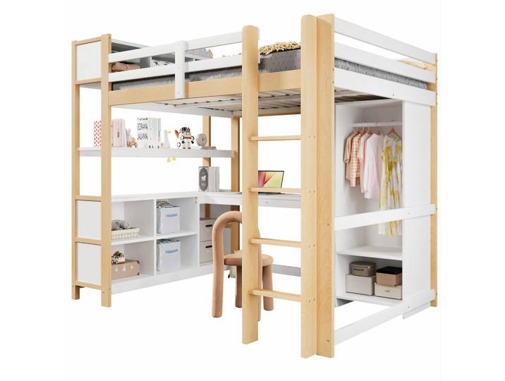 Redom Hochbett 140/200 cm mit Schreibtisch, Regalen und Kleiderschrank aus Kiefern, Natur/Weiß, 140x200 cm, Babymöbel & Kindermöbel, Kinderzimmer & Jugendzimmer, Kinderbetten, Hochbetten