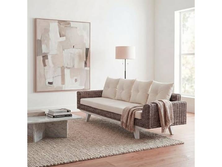 Mendler Sofa HWC-M32 209cm Kubu Rattan Natur Stoff/Textil Polster Creme