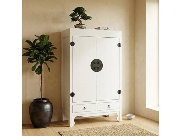LEBENSwohnART Asia Hochzeitsschrank Antik-Weiß Shabby Chic ca. H175cm Mahagoni Kleiderschrank