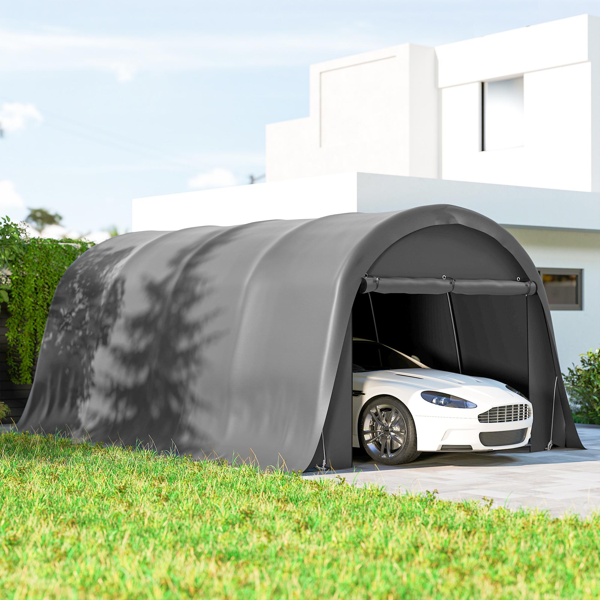 Carport Zeltgarage 3x6 m wasserdicht winterfest, Lagerzelt PE-Plane UPF50+ Stahlrahmen, Dunkelgrau | 600x300x266 cm | 32 mm Stahlrohr | Rolltor
