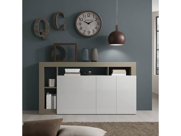 Dmora - Modernes 3-türiges Sideboard mit offenen Fächern, Made in Italy, Küchen-Sideboard, Wohnzimmer-Design-Buffet, 146 x 42 h 93 cm, glänzendes Weiß und Birnenfarbe