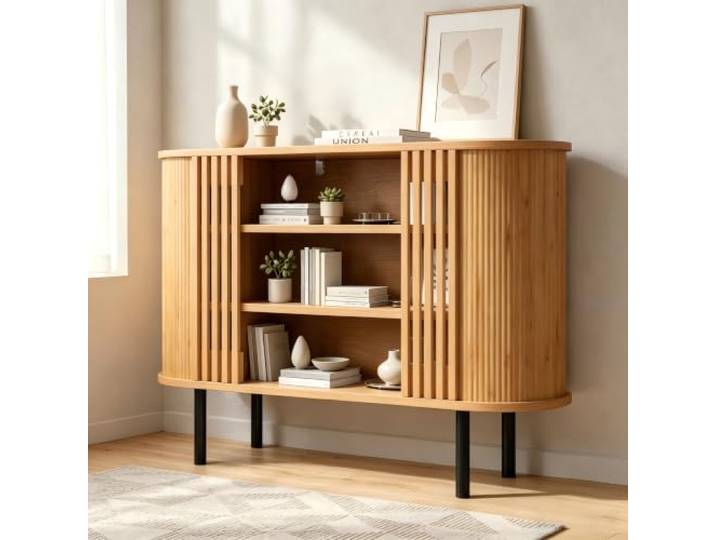 Merax Sideboard Kommode 120 cm, Buffetschrank Landhausstil mit Ovale Arbeitsfläche, 3 Offene Ablagefächer, Lamellendesign, Mehrzweckschrank Flurschrank für Wohnzimmer Eingangsbereich, Naturholzfarbe