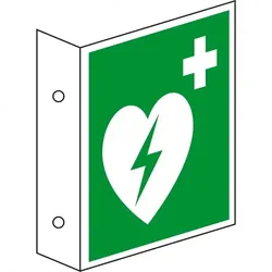 Schild I Fahnenschild Automatisierter Externer Defibrillator (AED), doppelseitig, Kunststoff, 200x200mm, ASR A1.3, ISO 7010 E010