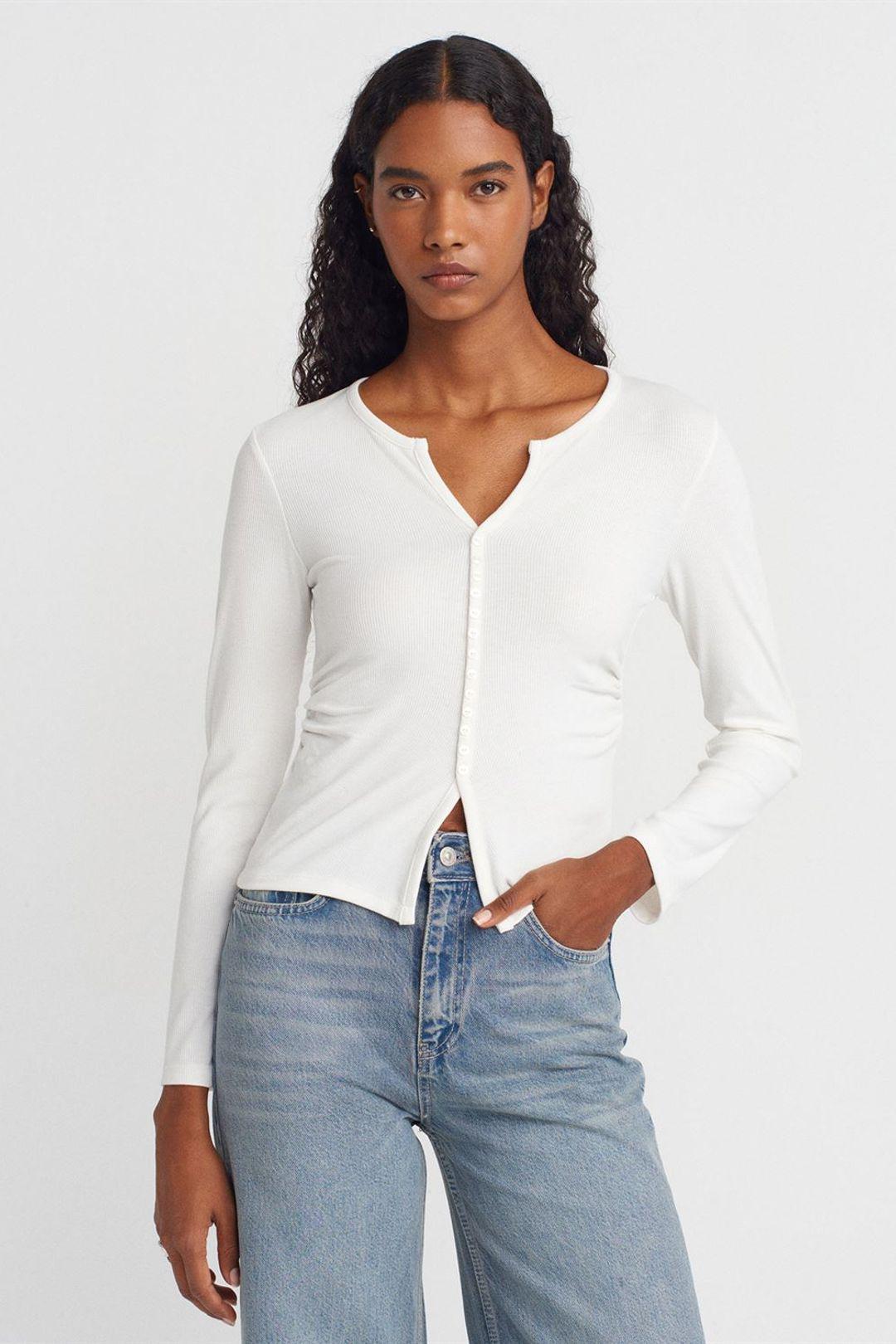 Slim Fit Rippstruktur Bluse mit Knopfleiste