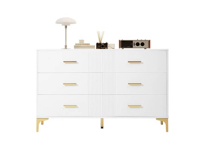 Modfu Kommode aus MDF 120x40x76 cm Weiß mit 6 Schubladen und Wellenfront, 120x76x40 cm, Kleinmöbel, Kommoden, Kommoden