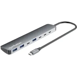 Manhattan 7-Port 10G/5G USB-C / USB-A Hub 4+3 mit Power Delivery (USB-C, 7 Ports), Dockingstation + USB Hub, Grau