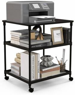 Costway 3 Tier Printer Stand Rolling Fax Cart with Adjustable Shelf and Swivel Wheels-Black