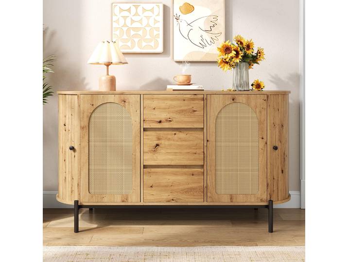 Merax Oval Sideboard mit Rattan-Türen + Schiebetüren, Kommode mit Schubladen und Metallbeine, Wohnzimmerschrank mit verstellbare Fächer, Holzoptik