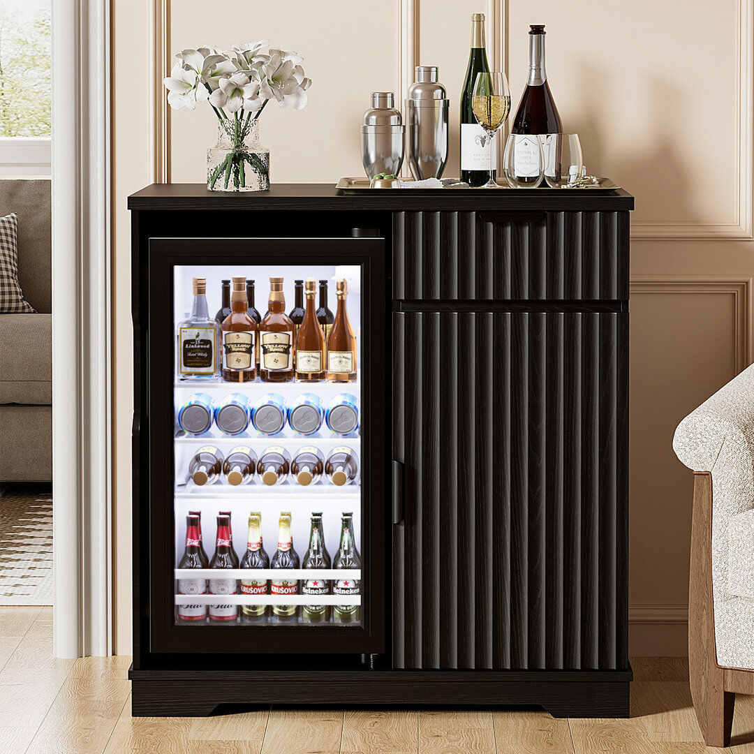 Rio Black Fluted Bar Cabinet with Built-in 92L Fridge & Wine Rack Storage Black 83.5cm H X 43.5cm D X 120cm L