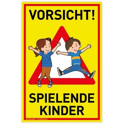 Schild Vorsicht! Spielende Kinder | PVC 20 x 30 cm | Achtung Spielplatz | Langsam! Spielende Kinder | gelb | PVC-Schild mit UV-Schutz | Dreifke®