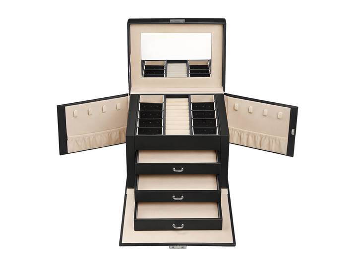 JOYFURNOS Boîte à bijoux à 4 niveaux avec poignée, 3 tiroirs, Boîte à bijoux avec miroir, Serrure, Rangement pour bijoux, Noël, Noir classique
