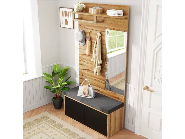 Vestiaire D'entrée Noir Et Bois Meuble D'entrée Moderne FloraGrace Pour Entrée Avec Banc Et Miroir 100x38x190cm