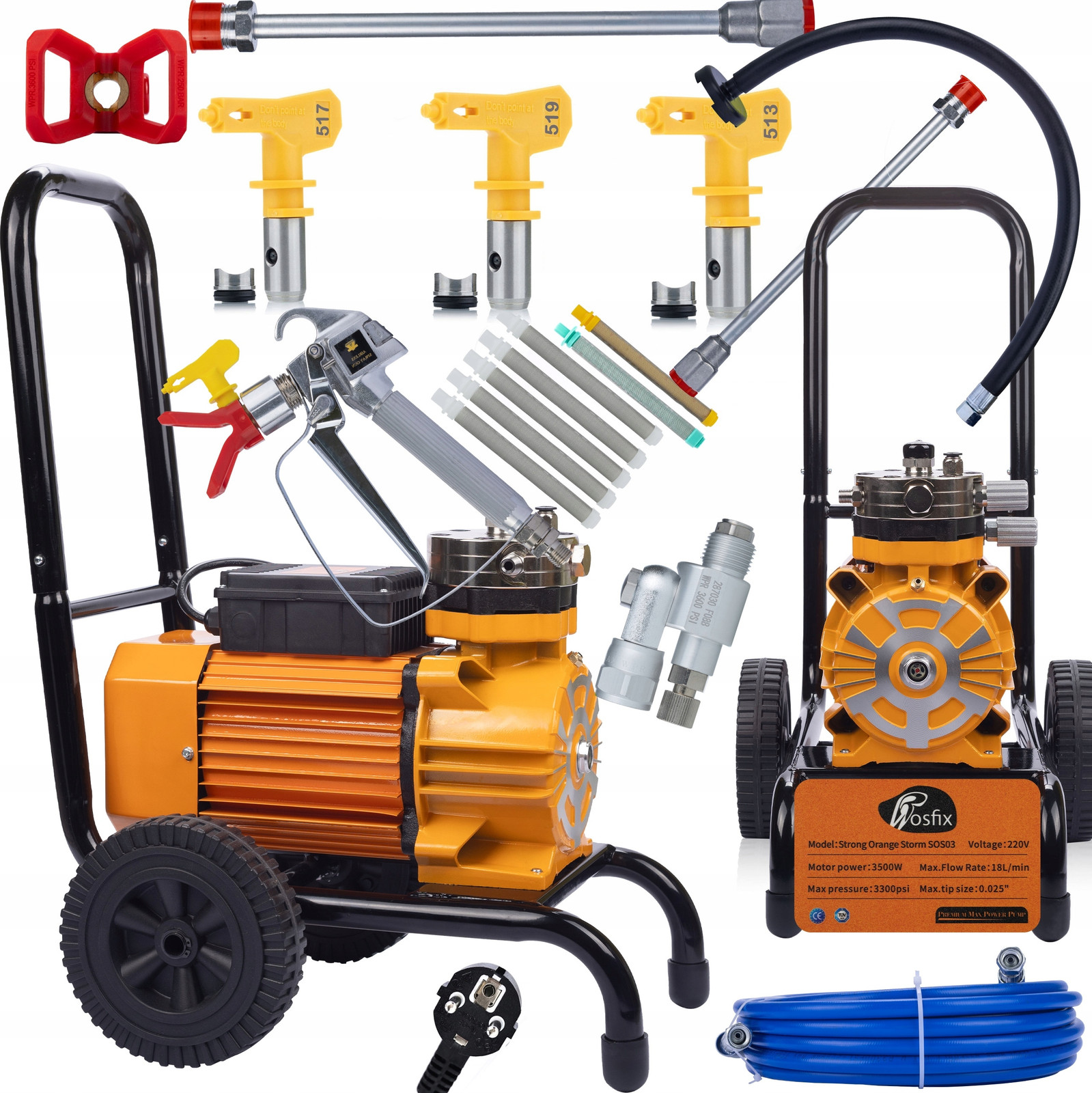ROSFIX Airless Verfspuit Strong Blue Storm SBS03 – Borstelloze Motor 3500W, 18L/min, 22MPA