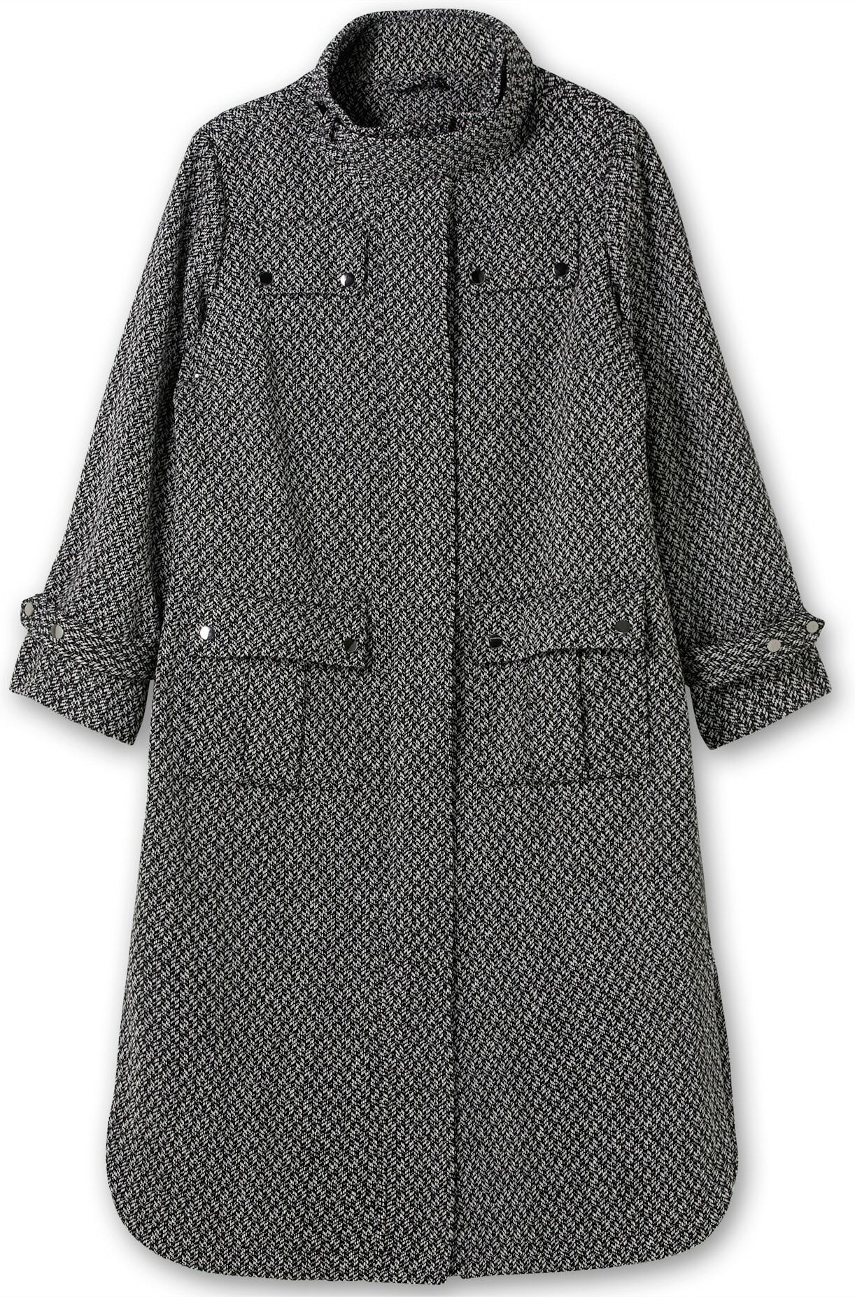 Trenchcoat SHEEGO, Damen, Gr. 46, schwarz-weiss (schwarz, weiß), 70% Polyester, 30% Wolle, gemustert, Mäntel Trenchcoat schwarz, weiß 46