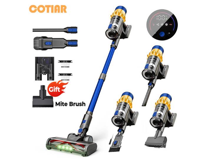 COTIAR V22 Aspirateur sans fil 650 W, moteur sans balais, 55 kPa de puissance d’aspiration, 1,2 L de capacité, écran LED, pour tapis, sols et poils d’animaux, Bleu