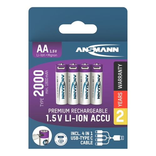 1x4 Ansmann Lithium Akku Mignon AA 1800mAh + Ladekabel 1312-0036