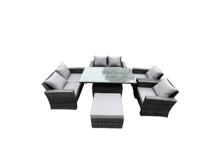 Fimous Sitzgruppe Polyrattan 7-Sitzer, Dunkelgrau, Metall, rechteckig, Gartenmöbel, Gartengarnituren, Gartenmöbel-Sets