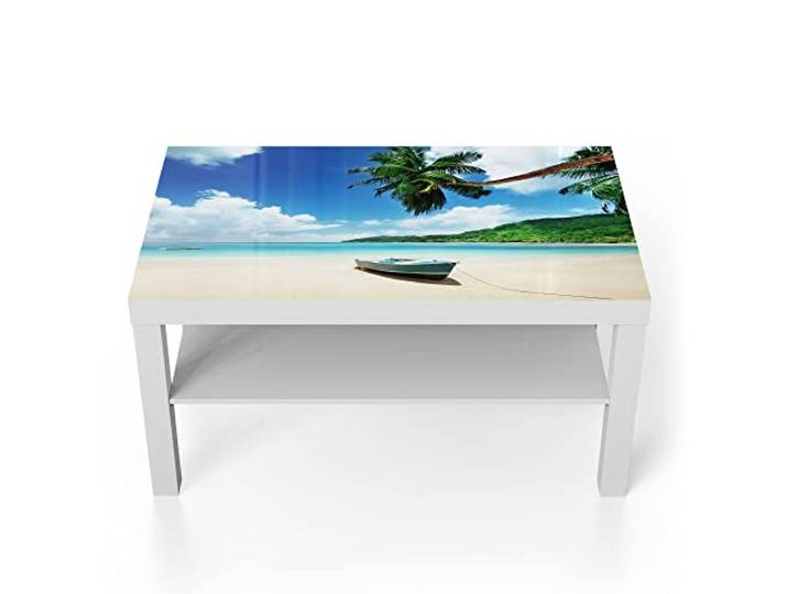 DEQORI Glastisch weiß groß 90x50 cm Motiv Boot im seichten Wasser ausgefallener Beistelltisch aus Glas Hochglanz Couchtisch fürs Wohnzimmer moderner Couch Tisch mit Design