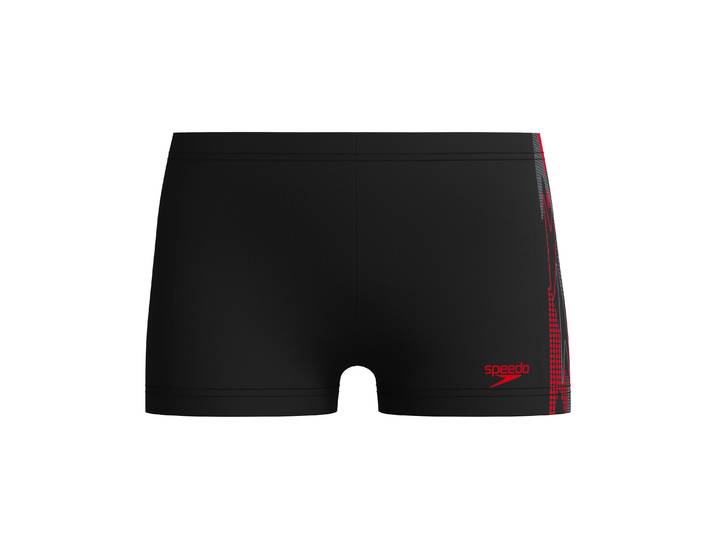 Badehose SPEEDO Boys Plastisol Placement aquashort Gr. 164, schwarz (blk, rot), Badehosen, Jungen, 164 (158), N-Gr, Obermaterial: 80% Nylon, 20% Elasthan, Badehose, chlorbeständiges EnduraFlex-Material, mit Vier-Wege-Stretch