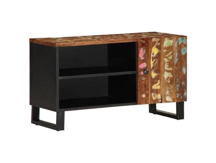 Kaorsrow TV-Schrank 80x33x46 cm Altholz Massiv Lowboard Medienschrank Rustikales TV-Möbel für Wohnzimmer mit 2 offenen Fächern, Tür und stabilen Eisenbeinen für ordentliche Aufbewahrung.