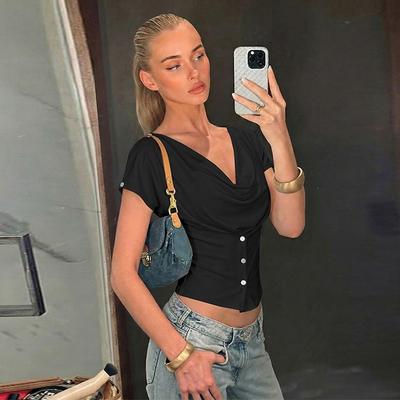 Lush Living Finds Women's Summer Button Front V Neck Pleated Fitted Casual High Street Tops black l