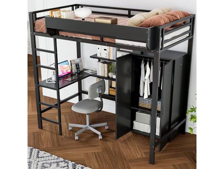 Merax Hochbett 90x200cm mit Schreibtisch, Kleiderschrank & Lagerregal, Stabile Metallbett Etagenbett mit Lattenrost & Rausfallschutz, Platzsparend Stockbett Kinderhochbett Jugendhochbett, Schwarz