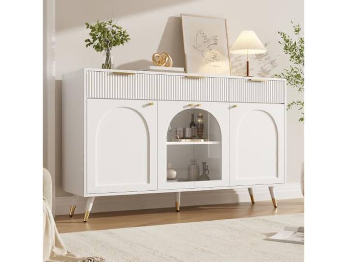 BXEYXE Sideboard mit 4 Türen & 3 Schubladen – Moderner Aufbewahrungsschrank mit transparenten Acryl-Türen, Metallgriffen & Holzbeinen, viel Stauraum für Wohnzimmer & Esszimmer, Weiß, 140x40x85.5 cm