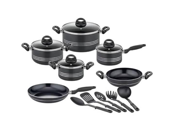 GSW Milano Nero Lot de 15 casseroles de qualité supérieure pour induction\, céramique et gaz\, revêtement antiadhésif\, casseroles avec couvercle en verre et ustensiles de cuisine\, casseroles et poêles