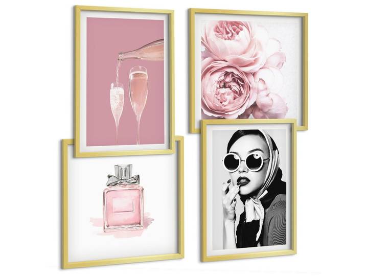 BILDER SET 4er Set - 50x50 cm & 40x60 cm Goldrahmen - Stilvolle pinkfarbene Accessoires