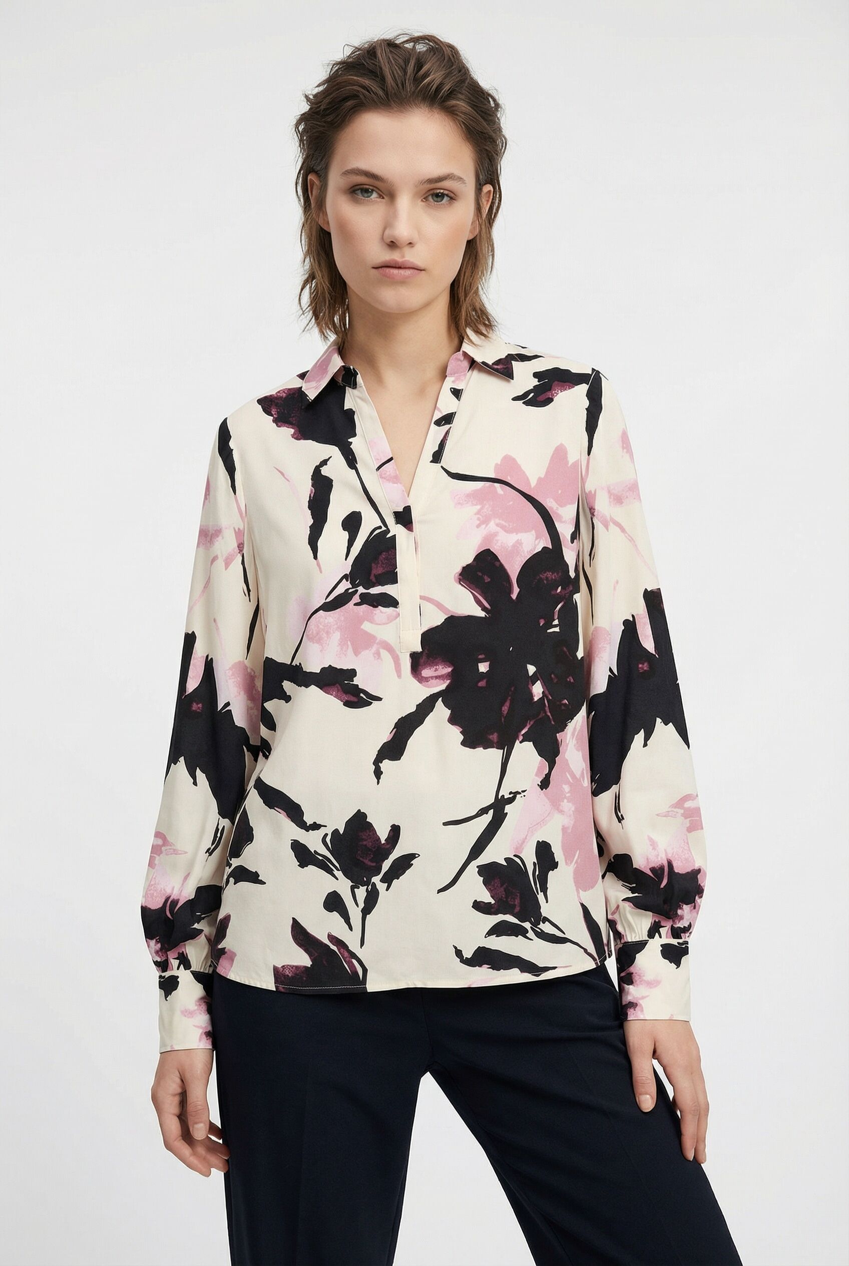 Druckbluse SOYACONCEPT "SC-BENE 2", Damen, Gr. S, rosa (rose combi), Web, Obermaterial: 100% Viskose, bedruckt, regular fit normal, V-Ausschnitt, Blusen Druckbluse, aus Viskose, Regular Fit, Langarm, mit Blusenkragen, pflegeleicht rose combi S