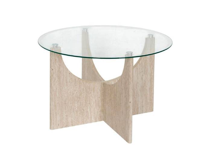 Table Basse Ø70cm Plateau Verre Et Piétement En Mdf Aspect Travertin - Vertina