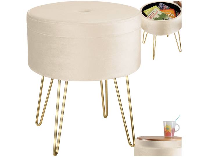 Tabouret avec coffre de rangement aspect velours transformable AVA - crème