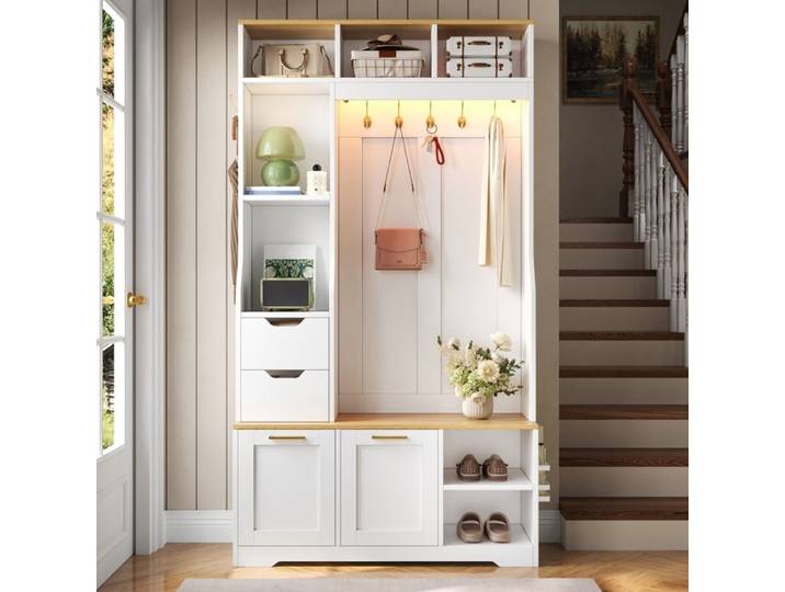 Vestiaire d'entrée 100x32x186cm Armoire compacte avec Meuble à Chaussures et Crochets Tiroirs Meuble d'Entrée avec LED Blanc