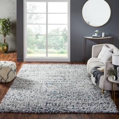 KALATY Abstract Tribal Shag Blue/Grey Area Rug