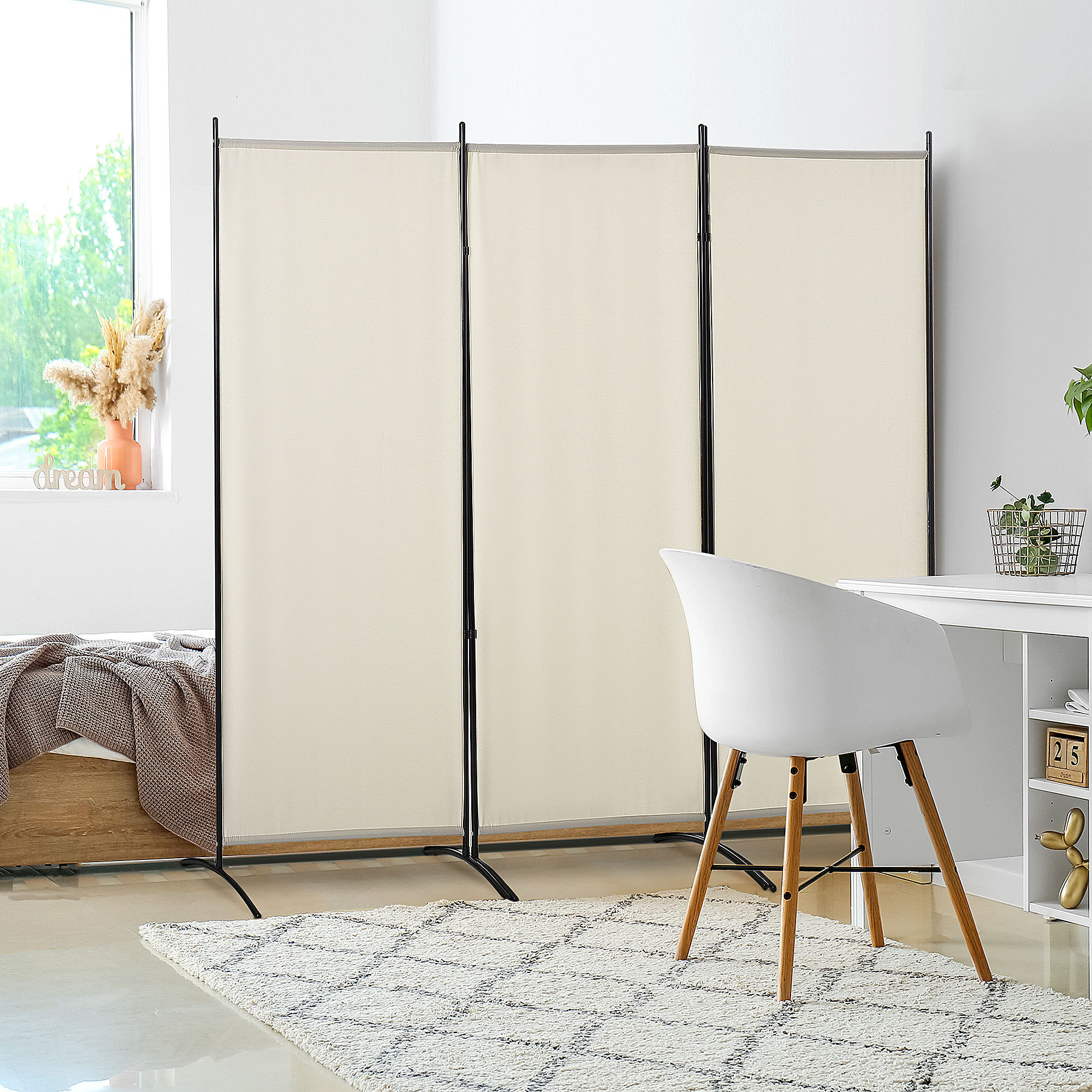 Altro Paravento Separé Da Interno A 3 Pannelli Pieghevole In Metallo E Poliestere, 253x50x182cm, Beige