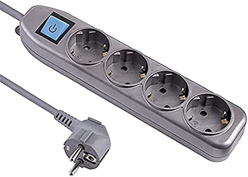 Electraline 62060 Stekkerdoos met 4 stopcontacten en schakelaar, Zilver, Kabel 1,5 m
