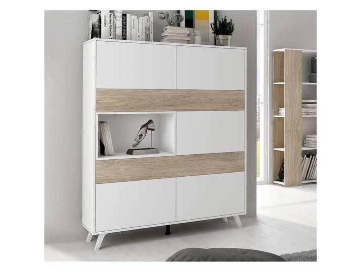 Armoire vitrine - PEGANE - Longueur 120.9 - Profondeur 39.6 - Hauteur 156 cm - Blanc/chêne