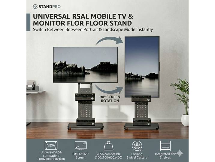 Support de télévision sur roulettes réglable en hauteur avec étagères de rangement - Support vertical et horizontal pour téléviseurs de 32 à 65 pouces