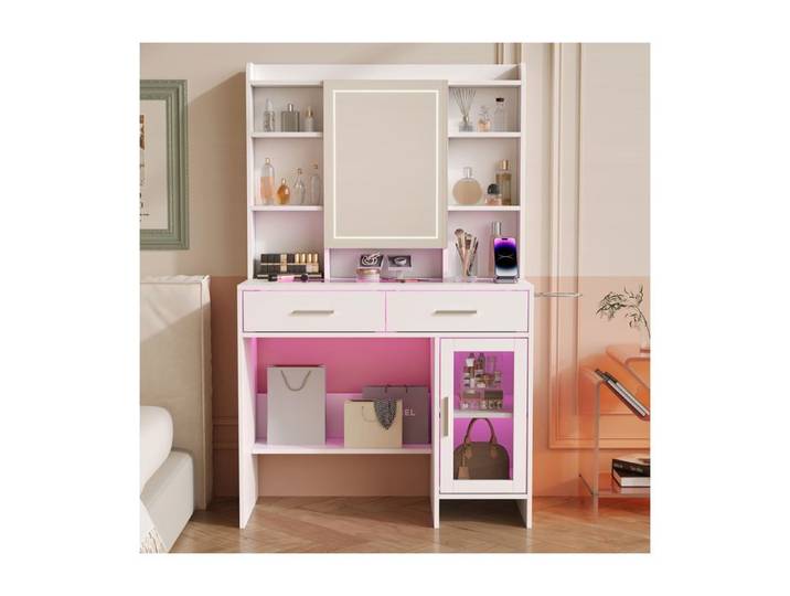 ADWOLT Coiffeuse avec Miroir plateau en verre LED 2 Prise et USB 2 Troirs 7 étagères et 1 Armoire Support pour sèche-cheveux