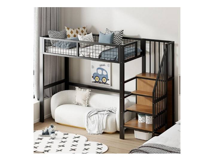 LuxusKollektion Metallbett Hochbett 90x200cm Eisenbett Schwarz mit Stauraum