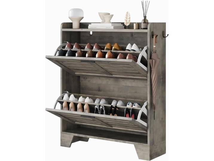 Meuble à Chaussures avec 2 Tiroirs Rabattables Meuble De Rangement à Chaussures avec 2 Crochets Latéraux Meuble Étroit Gris