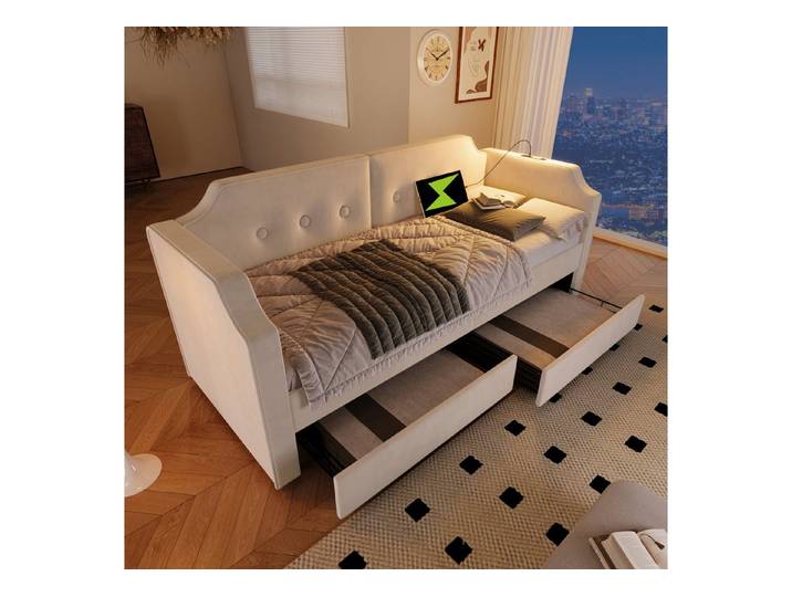 STILVORA Daybett Schlafsofa 90x200 Tagesbett mit Stauraum Jugendbett mit Lattenrost (Tagesbett,Polsterbett), mit Lattenrost, 2 Stauraum Schubladen