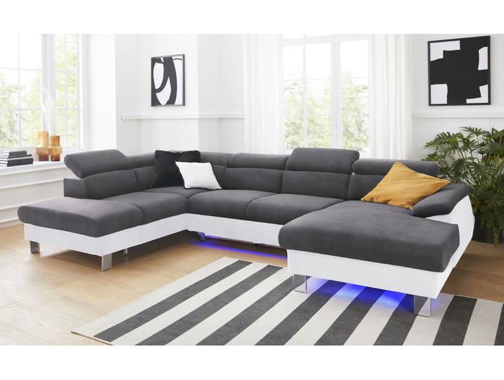 Wohnlandschaft, 320 cm, Microfaser PRIMABELLE, Weiß, Kopfteilverstellung & RGB-LED, Modern, Cotta