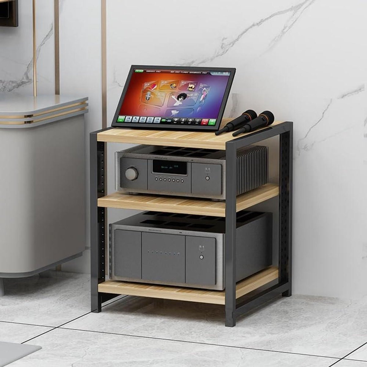 AV Media Stand Stereo Kast met 3 Verstelbare Planken in Natuurlijk Design