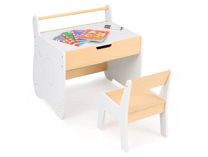 Kinderkunsttafel en Stoel Houten Activiteitstafel en Stoel Set met 2-in-1 Afneembare Tafelblad Wit