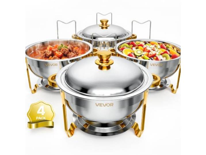 VEVOR Chauffe Plat 4PCs 5\,7 L\, Buffet Chauffant en Inox\, Réchaud Rond CHR Pour Buffet Hôtel Mariage Restauration Traiteur\, Kit Complet avec Couvercle et Cadre\, Chafing Dish 4 Récipients\, Accessoires
