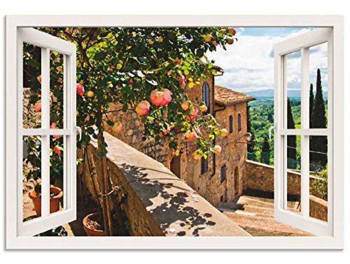 ARTland Wanddeko Wandbild Alu Verbundplatte für Innen & Outdoor Bild Fensterblick Fenster Toskana Landschaft Garten Rosen Balkon Natur T5QC